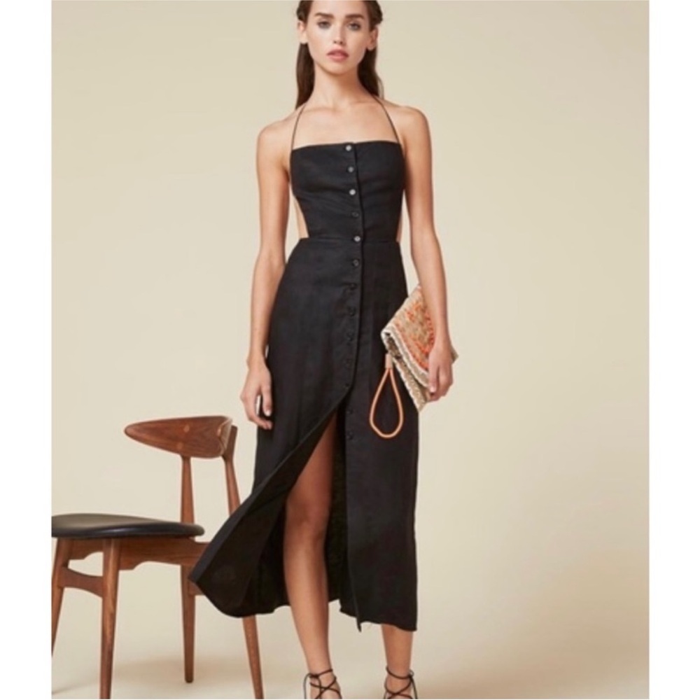 Reformation Linen Button Up Open Back Midi Dress … - image 3